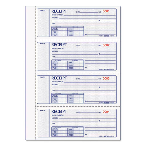 Money Receipt Book, Hardcover, Three-Part Carbonless, 7 x 2.75, 4 Forms/Sheet, 200 Forms Total [SKU: RED8L818]
