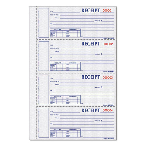 Durable Hardcover Numbered Money Receipt Book, Three-Part Carbonless, 6.88 x 2.75, 4 Forms/Sheet, 200 Forms Total [SKU: REDS1657NCL]