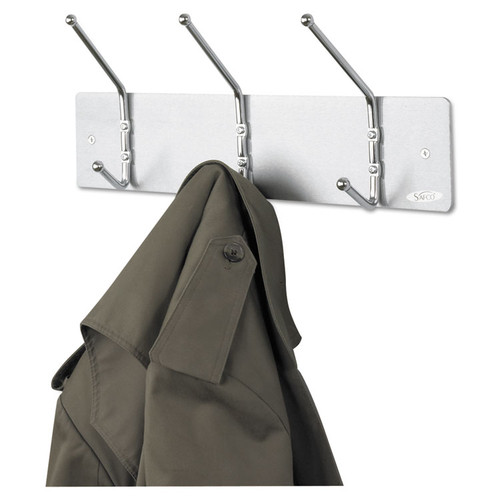 Metal Wall Rack, Three Ball-Tipped Double-Hooks, Metal, 18w x 3.75d x 7h, Satin [SKU: SAF4161]