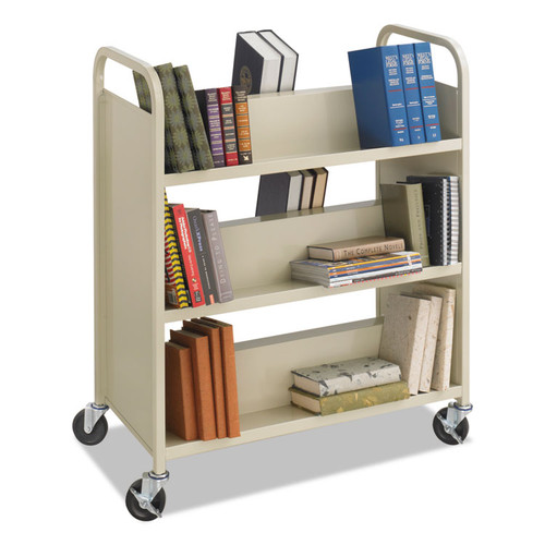 Steel Double-Sided Book Cart, Metal, 6 Shelves, 300 lb Capacity, 36" x 18.5" x 43.5", Sand [SKU: SAF5357SA]