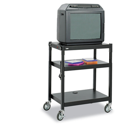 Adjustable-Height Steel AV Cart, Metal, 3 Shelves, (5) AC Outlets, 120 lb Capacity, 27.25" x 18.25" x 36.5", Black [SKU: SAF8932BL]