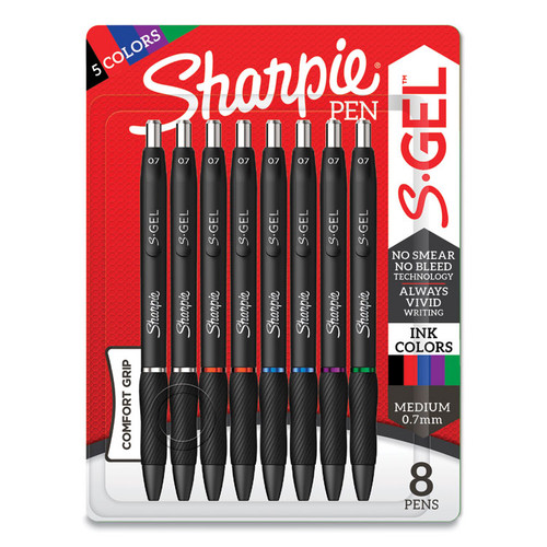 S-Gel High-Performance Gel Pen, Retractable, Medium 0.7 mm, Five Assorted Ink Colors, Black Barrel, 8/Pack [SKU: SAN2126231]