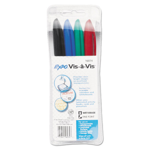 Vis-a-Vis Wet Erase Marker, Fine Bullet Tip, Assorted Colors, 4/Set [SKU: SAN2134341]