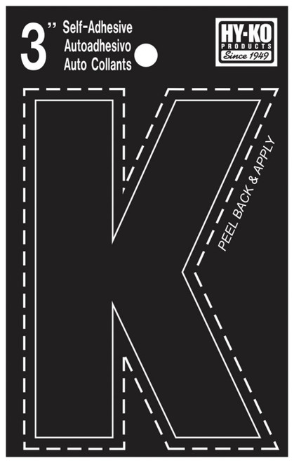 HY-KO 30400 Series 30421 Die-Cut Letter, Character: K, 3 in H Character, Black Character, Vinyl [SKU: ORG0945667]