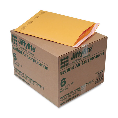 Jiffylite Self-Seal Bubble Mailer, #6, Barrier Bubble Air Cell Cushion, Self-Adhesive Closure, 12.5 x 19, Brown Kraft, 50/CT [SKU: SEL39097]