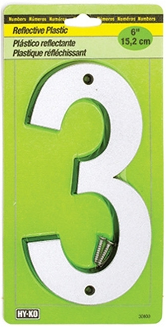 HY-KO 30800 Series 30803 Reflective Sign, Character: 3, 6 in H Character, Black/Silver Character, Plastic [SKU: ORG0234187]