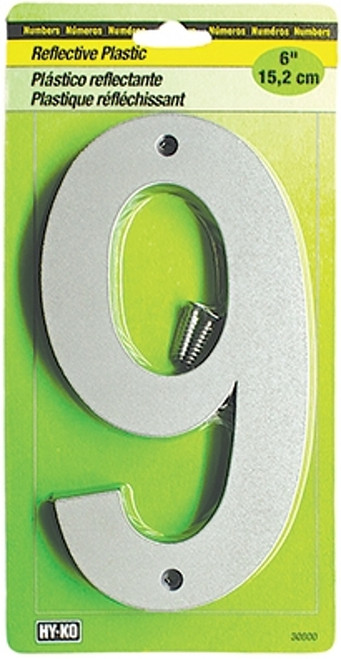 HY-KO 30800 Series 30809 Reflective Sign, Character: 9, 6 in H Character, Black/Silver Character, Plastic [SKU: ORG0234245]