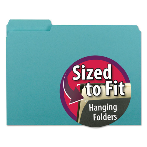 Interior File Folders, 1/3-Cut Tabs: Assorted, Letter Size, 0.75" Expansion, Aqua, 100/Box [SKU: SMD10235]