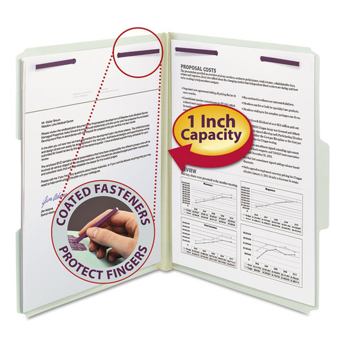 Recycled Pressboard Fastener Folders, 1/3-Cut Tabs, Two SafeSHIELD Fasteners, 1" Expansion, Letter Size, Gray-Green, 25/Box [SKU: SMD14931]