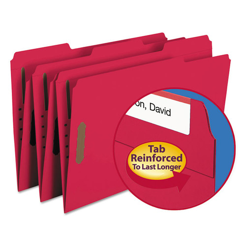Top Tab Colored Fastener Folders, 0.75" Expansion, 2 Fasteners, Legal Size, Red Exterior, 50/Box [SKU: SMD17740]