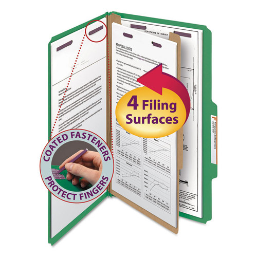 Four-Section Pressboard Top Tab Classification Folders, Four SafeSHIELD Fasteners, 1 Divider, Legal Size, Green, 10/Box [SKU: SMD18733]