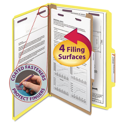Four-Section Pressboard Top Tab Classification Folders, Four SafeSHIELD Fasteners, 1 Divider, Legal Size, Yellow, 10/Box [SKU: SMD18734]
