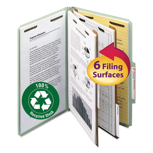 Recycled Pressboard Classification Folders, 2" Expansion, 2 Dividers, 6 Fasteners, Legal Size, Gray-Green, 10/Box [SKU: SMD19022]