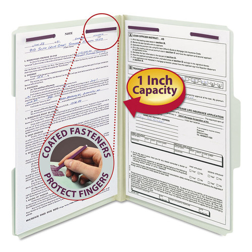 Recycled Pressboard Fastener Folders, 1/3-Cut Tabs, Two SafeSHIELD Fasteners, 1" Expansion, Legal Size, Gray-Green, 25/Box [SKU: SMD19931]