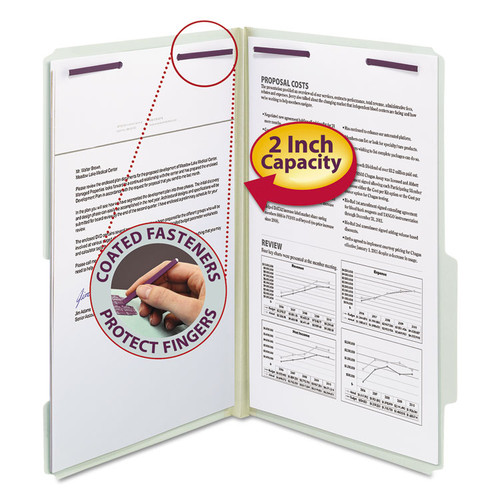 Recycled Pressboard Folders, Two SafeSHIELD Coated Fasteners, 2/5-Cut: R of C, 2" Expansion, Legal Size, Gray-Green, 25/Box [SKU: SMD19982]