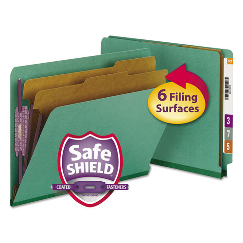 End Tab Pressboard Classification Folders, Six SafeSHIELD Fasteners, 2" Expansion, 2 Dividers, Letter Size, Green, 10/Box [SKU: SMD26785]