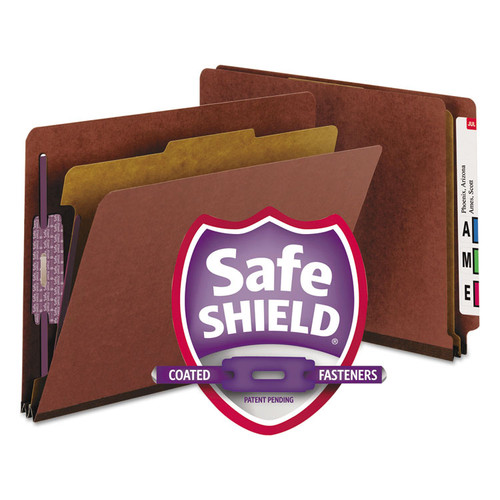 End Tab Pressboard Classification Folders, Four SafeSHIELD Fasteners, 2" Expansion, 1 Divider, Letter Size, Red, 10/Box [SKU: SMD26855]