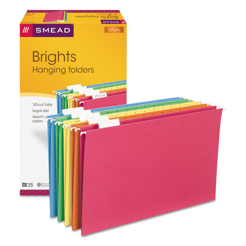 Colored Hanging File Folders with 1/5 Cut Tabs, Legal Size, 1/5-Cut Tabs, Assorted Colors, 25/Box [SKU: SMD64159]