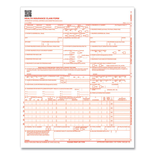CMS-1500 Health Insurance Claim Form, One-Part (No Copies), 8.5 x 11, 1,000 Forms Total [SKU: TFPCMS12LC1]
