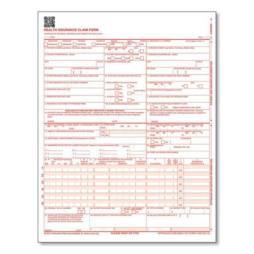CMS-1500 Health Insurance Claim Form, Two-Part Carbonless, 8.5 x 11, 250 Forms Total [SKU: TFPCMS12LC250]