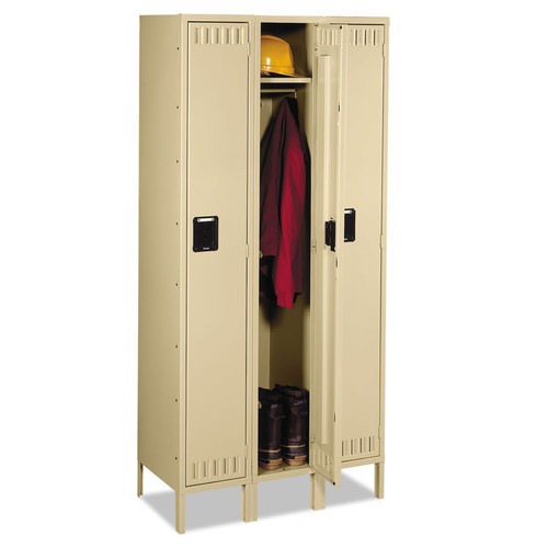 Single-Tier Locker with Legs, Three Lockers with Hat Shelves and Coat Rods, 36w x 18d x 78h, Sand [SKU: TNNSTS1218723SD]
