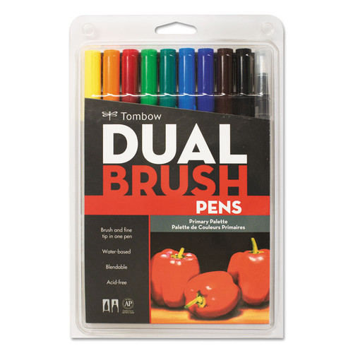 Dual Brush Pen 10-Color Set, Fine/Broad Brush/Conical Tips, Assorted Primary Colors, 10/Pack [SKU: TOM56167]