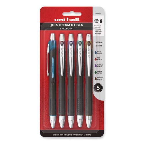 Jetstream Retractable Ballpoint Pen, 1 mm, Assorted Ink, Black Barrel, 5/Pack [SKU: UBC1858851]