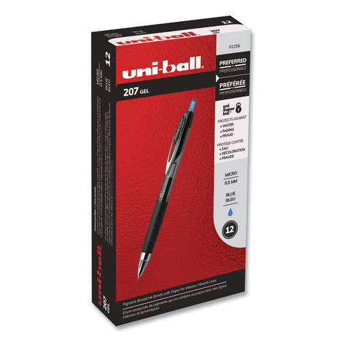 Signo 207 Gel Pen, Retractable, Micro 0.5 mm, Blue Ink, Smoke/Black/Blue Barrel, Dozen [SKU: UBC61256]