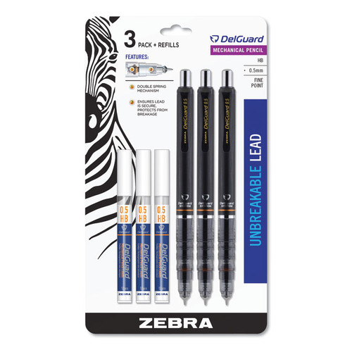 Delguard Mechanical Pencil, 0.5 mm, HB (#2.5), Black Lead, Black Barrel, 3/Pack [SKU: ZEB10613]