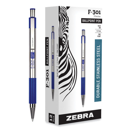 F-301 Ballpoint Pen, Retractable, Fine 0.7 mm, Blue Ink, Stainless Steel/Blue Barrel [SKU: ZEB27120]