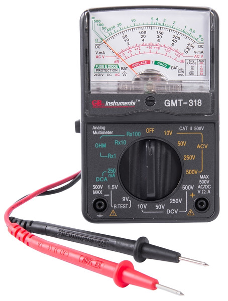 GB GMT-318 Multimeter, Analog Display, Functions: AC Voltage, DC Current, DC Voltage, Resistance, Black [SKU: ORG7804107]