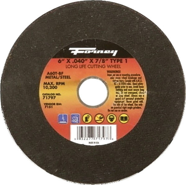 Forney 71797 Cut-Off Wheel, 6 in Dia, 0.04 in Thick, 7/8 in Arbor, 60 Grit, Medium, Aluminum Oxide Abrasive [SKU: ORG8911299]
