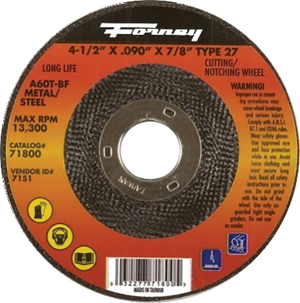 Forney 71800 Cut-Off Wheel, 4-1/2 in Dia, 3/32 in Thick, 7/8 in Arbor, 36 Grit, Medium, Aluminum Oxide Abrasive [SKU: ORG8911315]