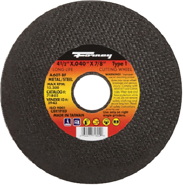 Forney 71802 Cut-Off Wheel, 4-1/2 in Dia, 0.04 in Thick, 7/8 in Arbor, 60 Grit, Medium, Aluminum Oxide Abrasive [SKU: ORG8911356]