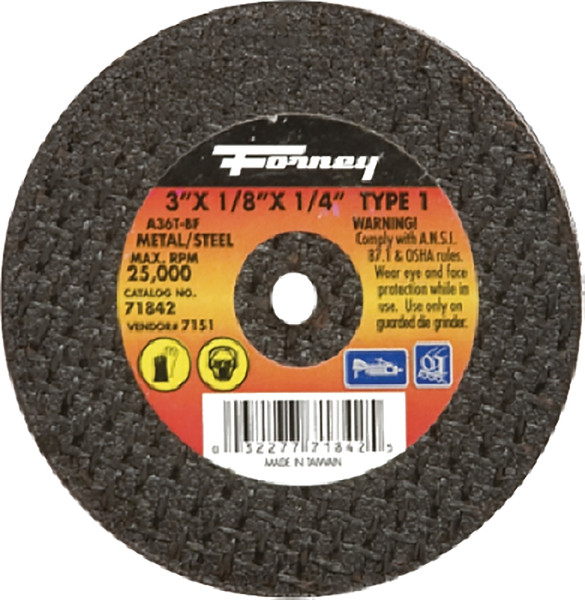 Forney 71842 Cut-Off Wheel, 3 in Dia, 1/8 in Thick, 1/4 in Arbor, 36 Grit, Medium, Aluminum Oxide Abrasive [SKU: ORG8911455]