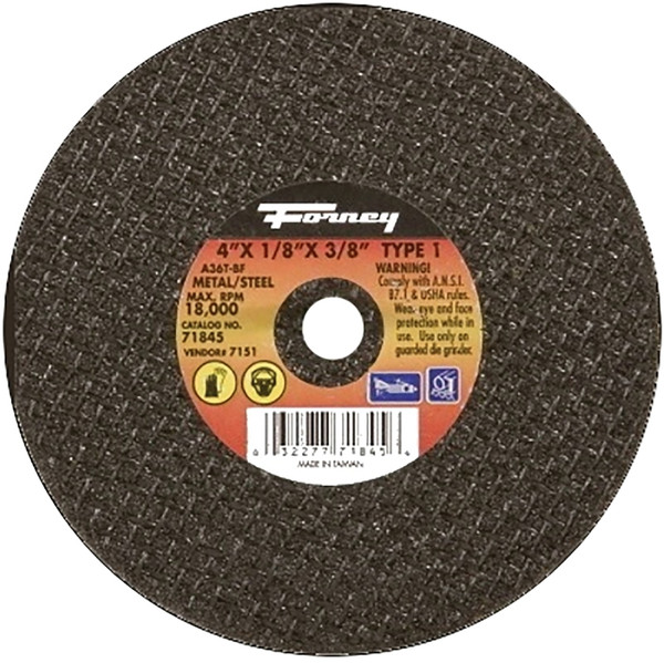 Forney 71845 Cut-Off Wheel, 4 in Dia, 1/8 in Thick, 3/8 in Arbor, 36 Grit, Medium, Aluminum Oxide Abrasive [SKU: ORG8911489]