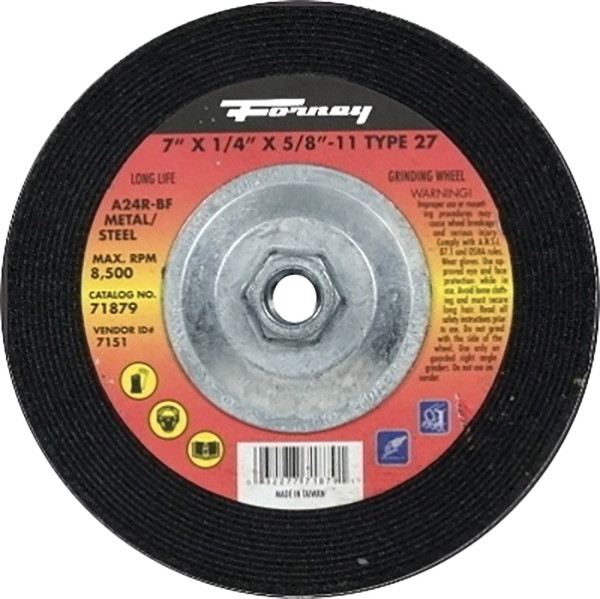 Forney 71879 Grinding Wheel, 7 in Dia, 1/4 in Thick, 5/8-11 in Arbor, 24 Grit, Coarse, Aluminum Oxide Abrasive [SKU: ORG8911828]