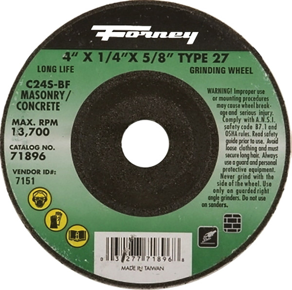 Forney 71896 Grinding Wheel, 4 in Dia, 1/4 in Thick, 5/8 in Arbor, 24 Grit, Coarse, Silicone Carbide Abrasive [SKU: ORG8911893]