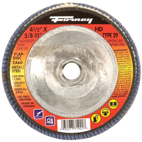 Forney 71921 Flap Disc, 4-1/2 in Dia, 5/8-11 Arbor, 60 Grit, Medium, Zirconia Aluminum Abrasive [SKU: ORG8911935]