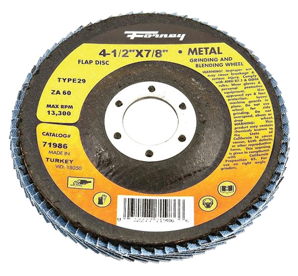 Forney 71986 Flap Disc, 4-1/2 in Dia, 7/8 in Arbor, 60 Grit, Medium, Zirconia Aluminum Abrasive [SKU: ORG8912024]