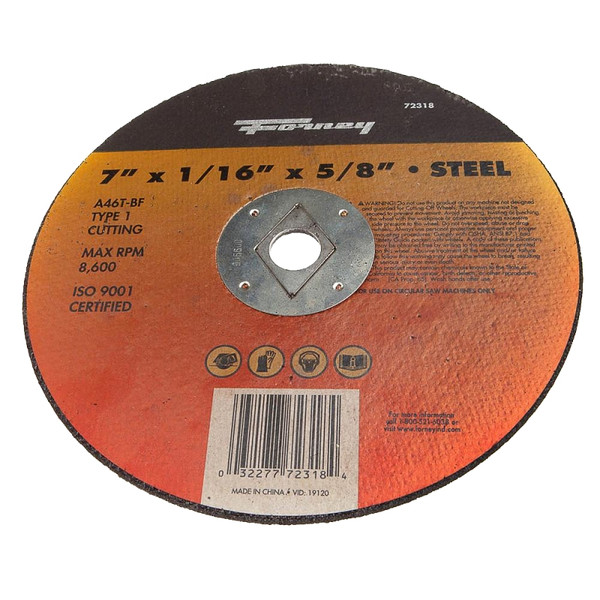 Forney 72318 Cutting Wheel, 7 in Dia, 1/16 in Thick, 5/8 in Arbor, Aluminum Oxide Abrasive [SKU: ORG8926461]