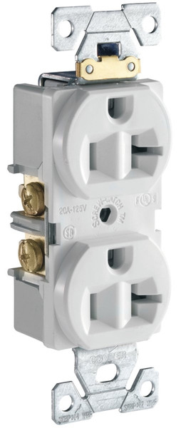 Eaton Cooper Wiring CR20W Duplex Receptacle, 2 -Pole, 20 A, 125 V, Side Wiring, NEMA: 5-20R, White [SKU: ORG1914910]