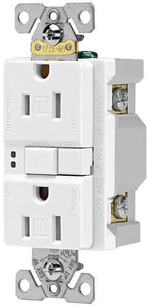 Eaton Wiring Devices TRSGF15W GFCI Duplex Receptacle, 2 -Pole, 15 A, 125 V, Back, Side Wiring, NEMA: 5-15R, White [SKU: ORG4896163]