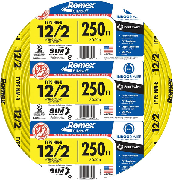 Romex 12/2NM-WGX250 Building Wire, 12 AWG Wire, 2 -Conductor, 250 ft L, Copper Conductor, PVC Insulation [SKU: ORG8153827]