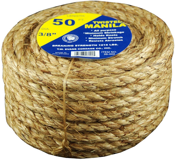 T.W. Evans Cordage 26-002 Rope, 3/8 in Dia, 50 ft L, 122 lb Working Load, Manila, Natural [SKU: ORG6151047]