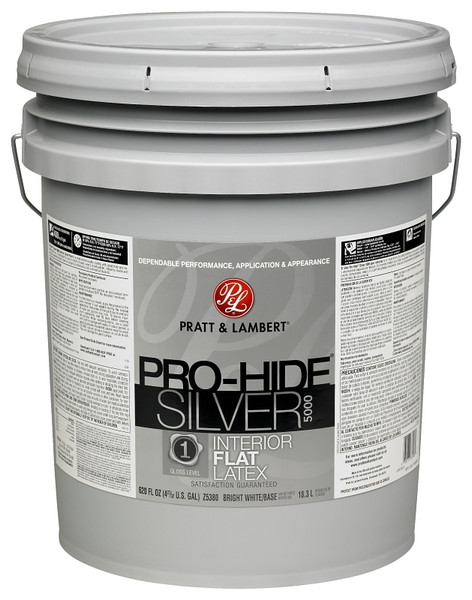 Pratt & Lambert Pro-Hide Silver 5000 Series 0000Z5380-20 Interior Paint, Flat, Bright White, 5 gal, Latex Base [SKU: ORG3444700]