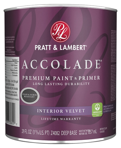 Pratt & Lambert Accolade 0000Z4082-14 Interior Paint, Velvet, Deep, 1 qt, Can, Latex Base, Resists: Scrub, Stain [SKU: ORG2818433]