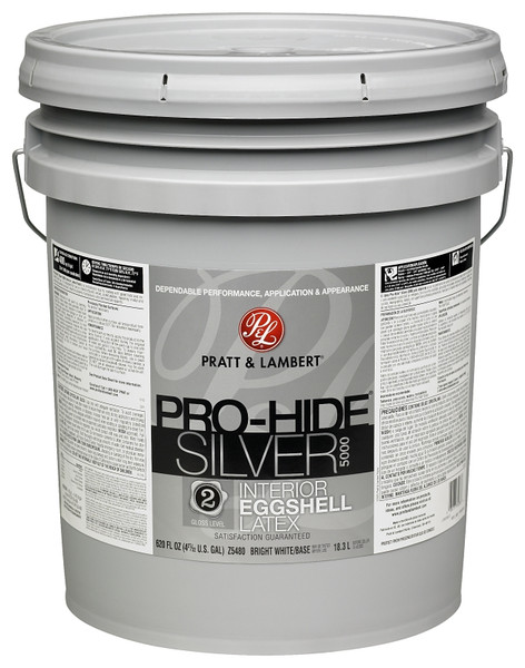Pratt & Lambert Pro-Hide Silver 5000 Series 0000Z5480-20 Interior Paint, Eggshell, Bright White, 5 gal, Latex Base [SKU: ORG3444817]