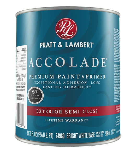 Pratt & Lambert Accolade Z4900 0000Z4980-44 Exterior Premium Paint and Primer, Semi-Gloss, Bright White, 1 qt [SKU: ORG4039376]
