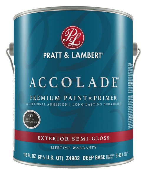 Pratt & Lambert ACCOLADE Z4900 Z4982-16 Exterior Premium Paint and Primer, Semi-Gloss, Deep Base, 1 gal [SKU: ORG8985160]